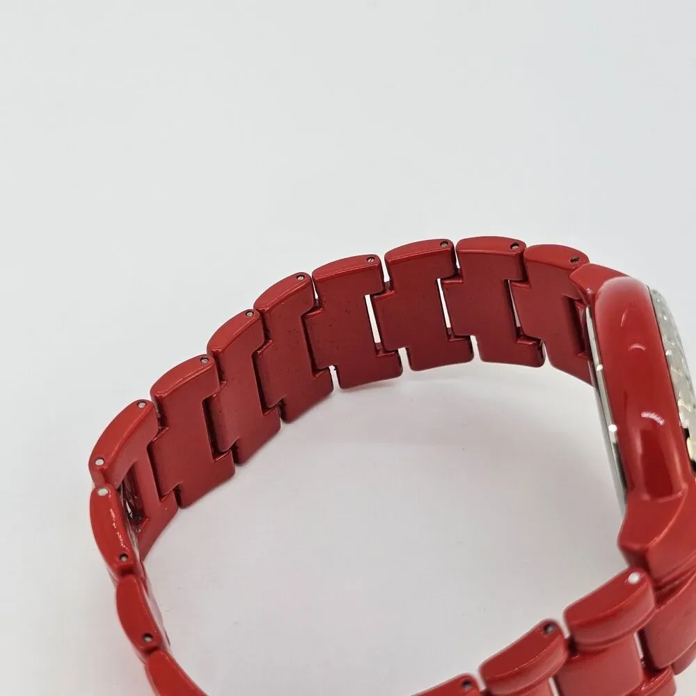 40MM Women's Watch White Dial Gemmed Bezel Red Metal Bands 7.5
